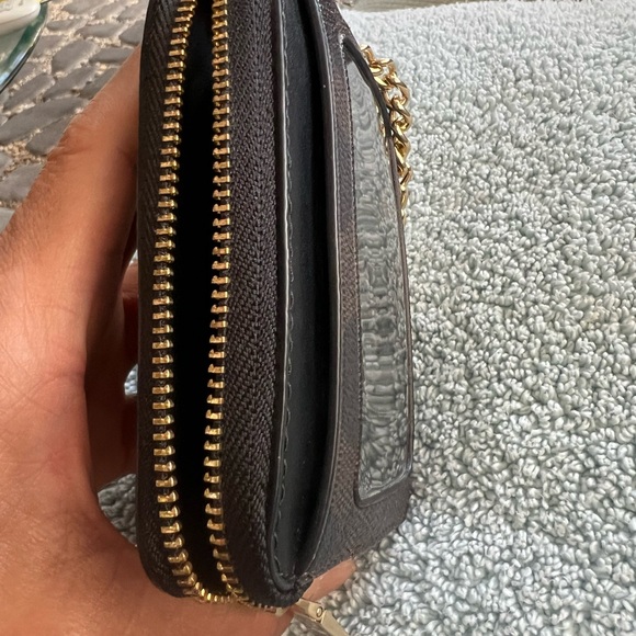 Coach Zip ID Card Case Coin Mini Leather Wallet Chain Brown Signature - Picture 3 of 5